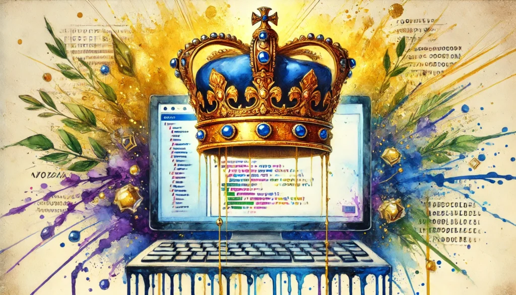 A striking watercolor painting depicting a golden crown painted over a computer screen displaying a web development interface.