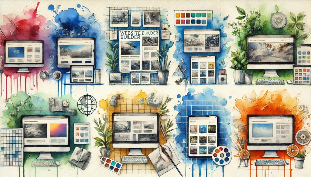 A watercolor painting showcasing various website builders and their diverse design outputs. Each section of the painting represents a unique builder, with distinctive website designs displayed on screens and sketches.